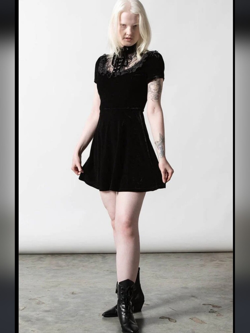 Killstar Black Velvet Mini Dress with Lace Yoke